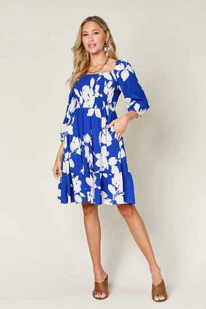 Double Take Full Size Floral Ruffle Hem Smocked Dress with Pockets - -