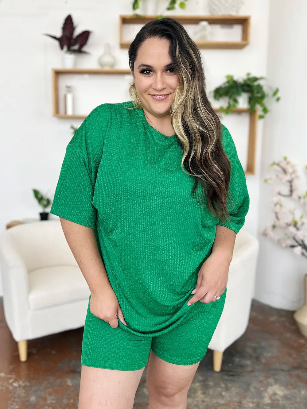 Double Take Full Size Texture Round Neck Drop Shoulder T-Shirt and Shorts Set – | Shannon’s Chique Boutique