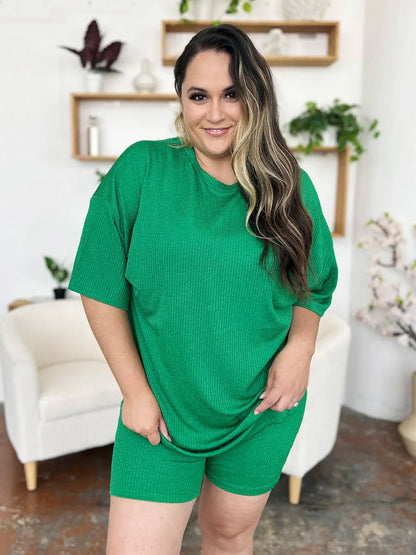 Double Take Full Size Texture Round Neck Drop Shoulder T-Shirt and Shorts Set – | Shannon’s Chique Boutique