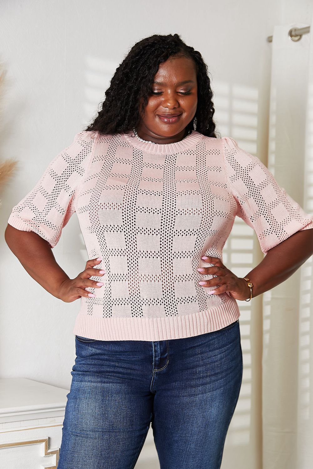 Mandy Ribbed Trim Round Neck Knit Top - -