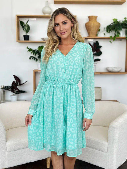 Double Take Full Size Printed Ruched V - Neck Long Sleeve Dress – | Shannon’s Chique Boutique