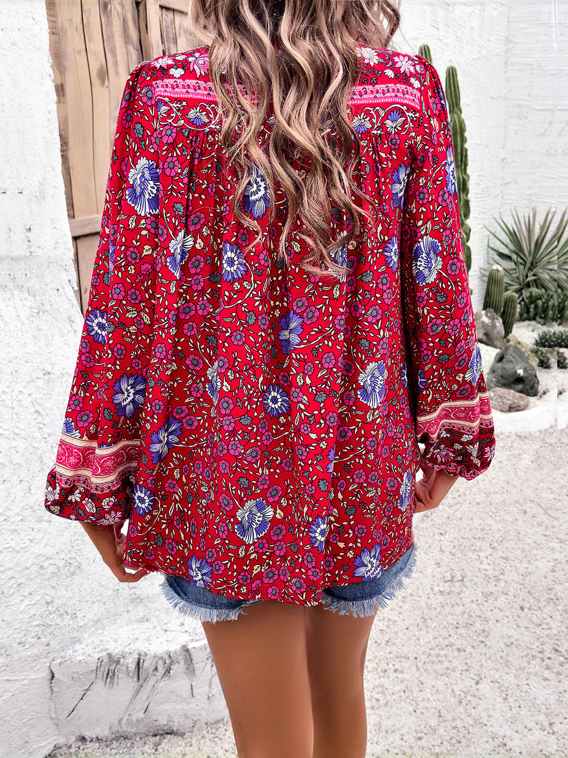 Devine Printed Tie Neck Long Sleeve Blouse - -