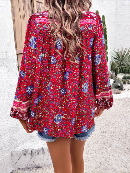 Devine Printed Tie Neck Long Sleeve Blouse - -