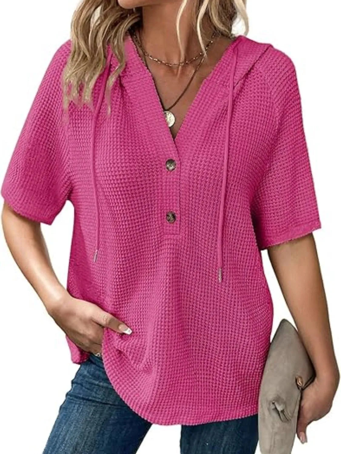 Drawstring Waffle-Knit Short Sleeve Hooded Top - Hot Pink -