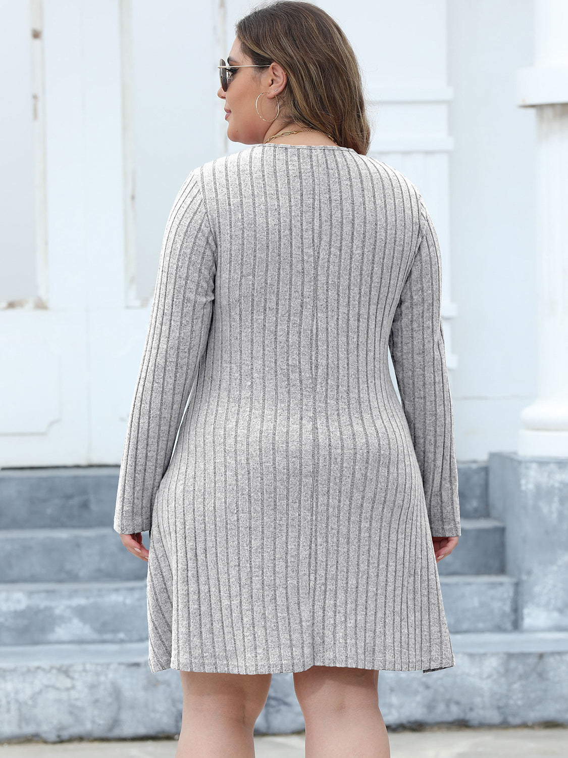 Plus Size Ribbed Buttoned V-Neck Long Sleeve Dress - -