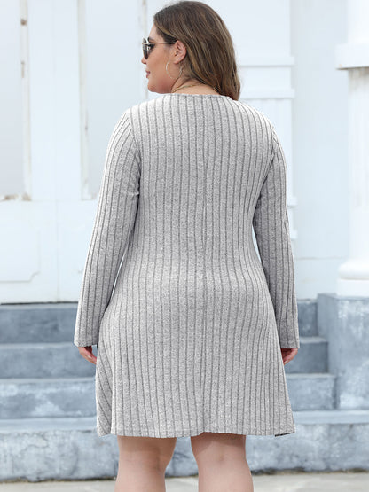 Plus Size Ribbed Buttoned V-Neck Long Sleeve Dress - -