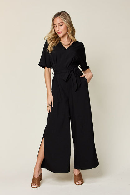 Double Take Full Size V-Neck Tied Side Slit Jumpsuit - Black -