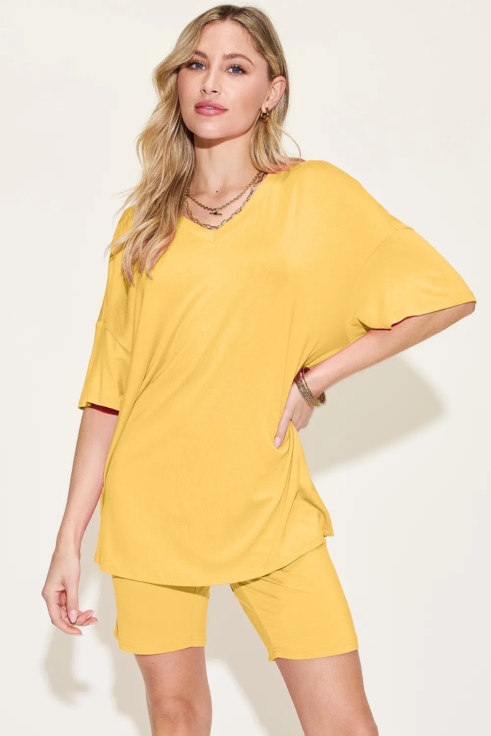 Basic Bae Bamboo Full Size V-Neck Drop Shoulder T-Shirt and Shorts Set - Yellow -