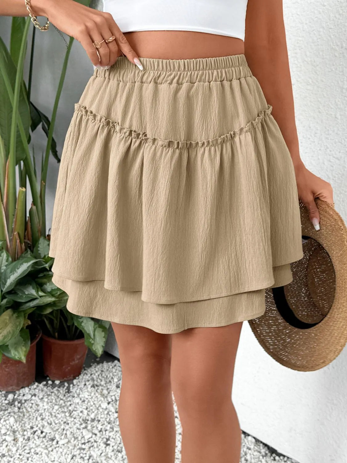 Elastic Waist Layered Skirt - -