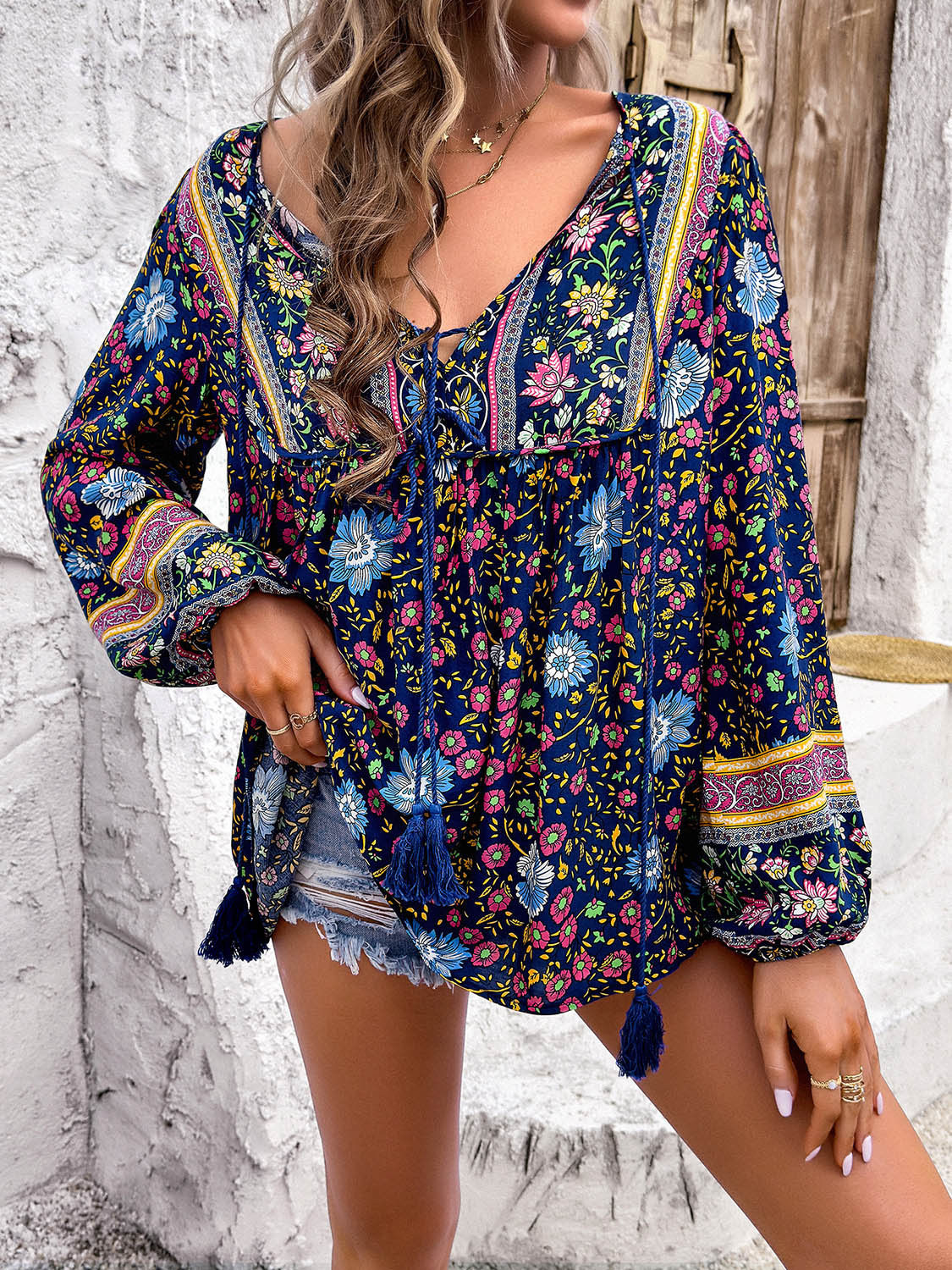 Devine Printed Tie Neck Long Sleeve Blouse - -