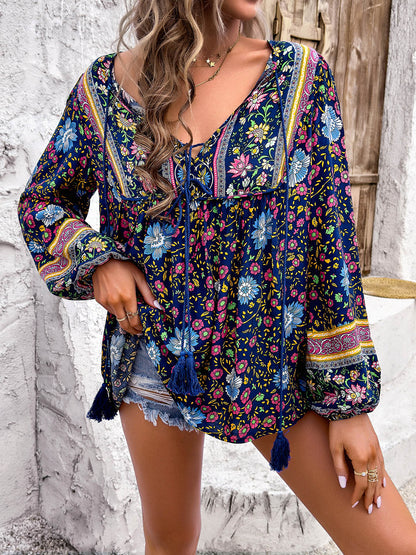 Devine Printed Tie Neck Long Sleeve Blouse - -