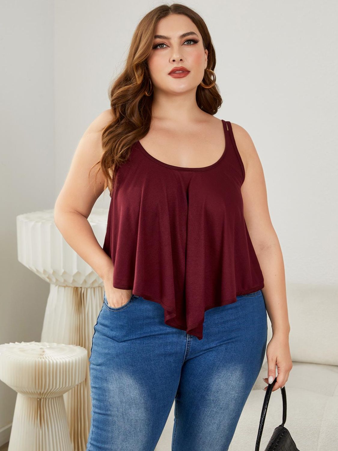 Plus Size Double-Strap Scoop Neck Cami - Burgundy -