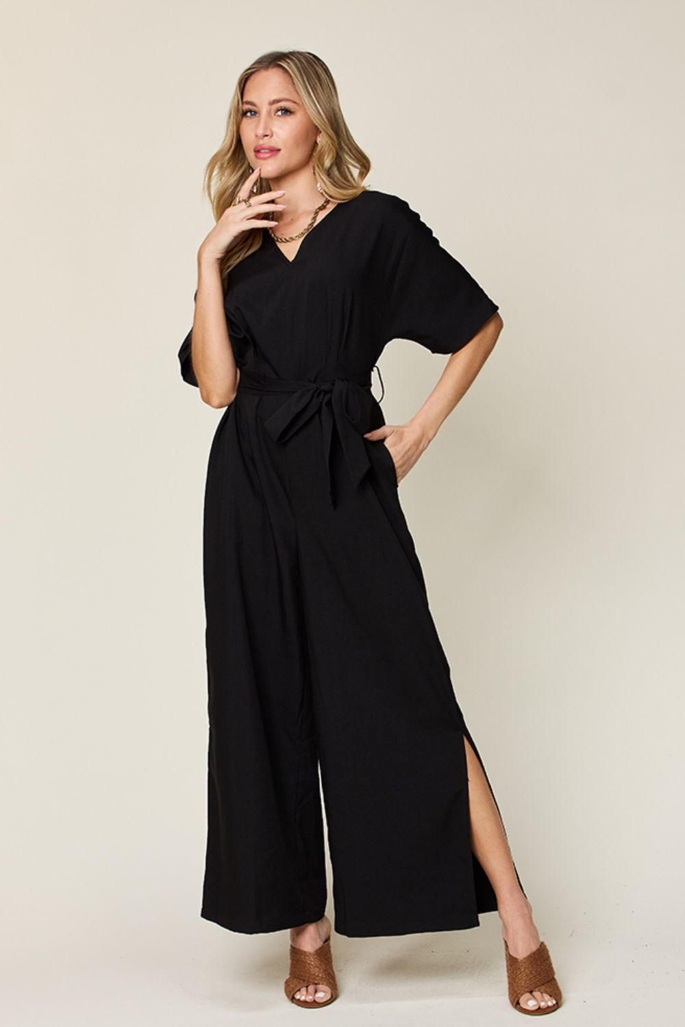 Double Take Full Size V-Neck Tied Side Slit Jumpsuit - -