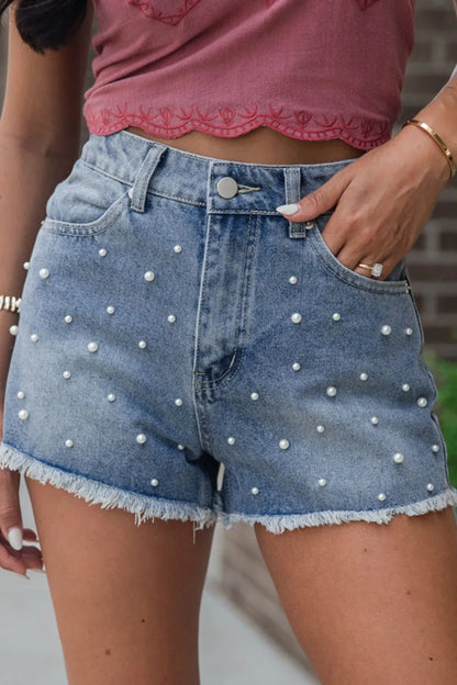 Pearl Beaded Raw Hem Wash Denim Shorts - Medium -