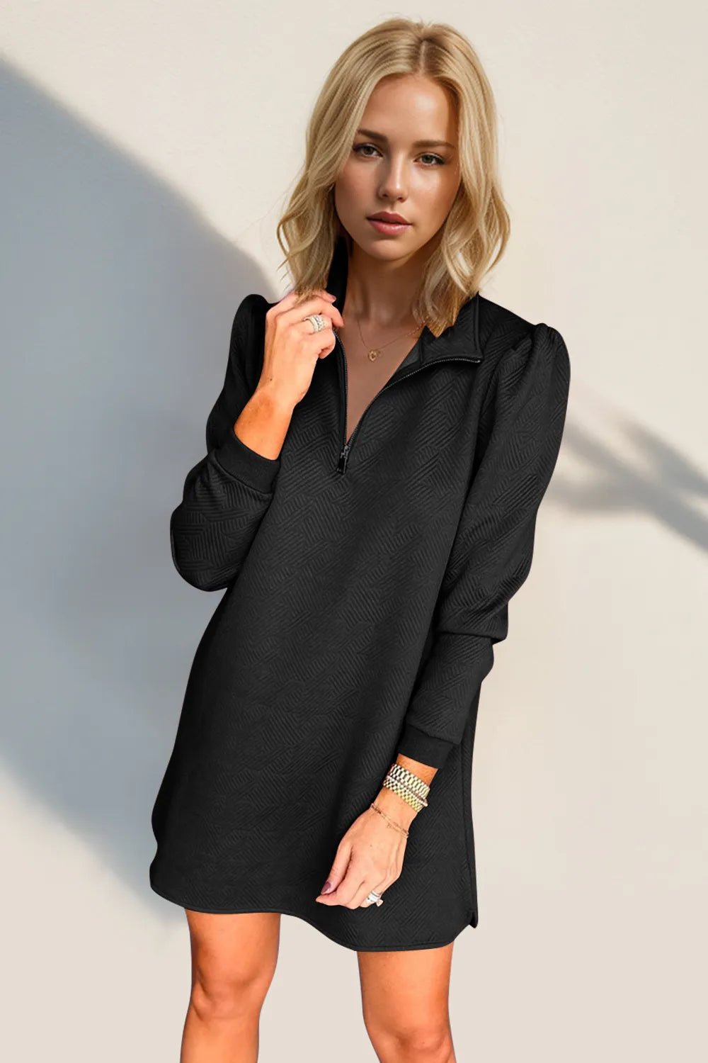 Double Take Textured Quarter Zip Long Sleeve Dress - -