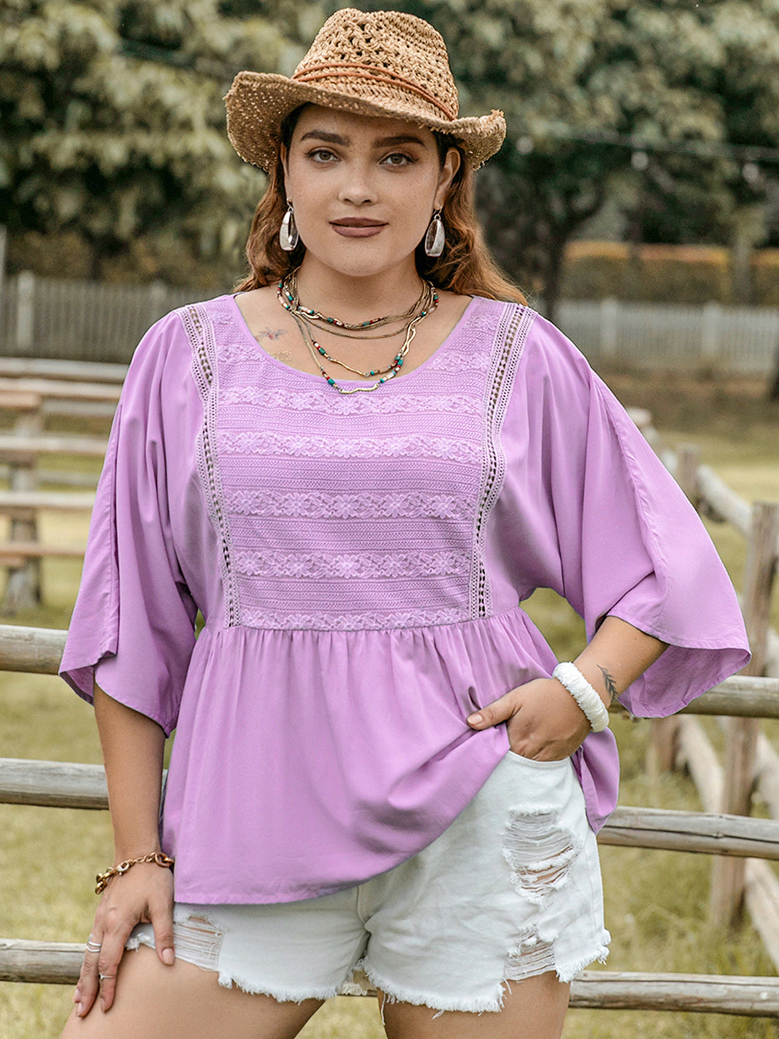 Plus Size Lace Detail Round Neck Three-Quarter Sleeve Blouse - Lavender -