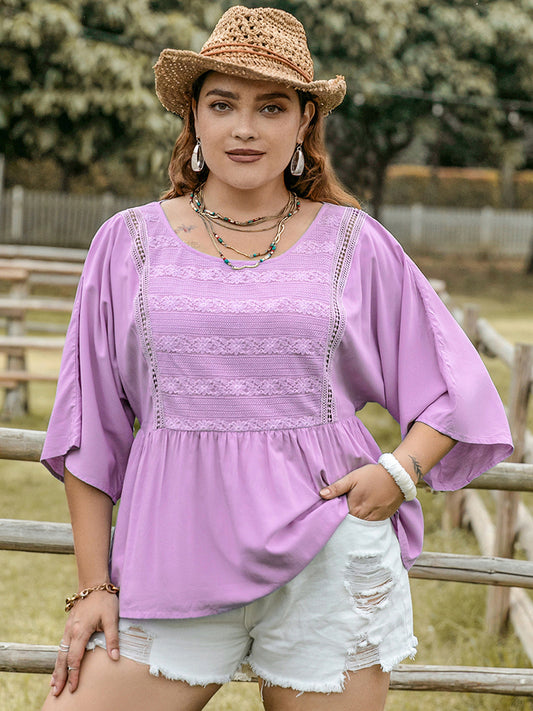 Plus Size Lace Detail Round Neck Three-Quarter Sleeve Blouse - Lavender -