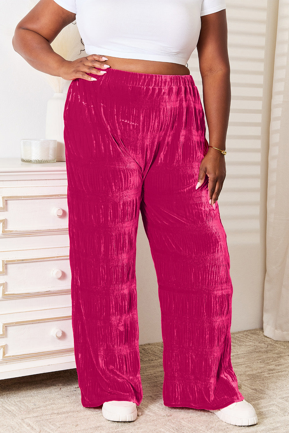 Double Take Full Size High Waist Tiered Shirring Velvet Wide Leg Pants – | Shannon’s Chique Boutique