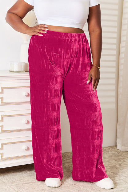 Double Take Full Size High Waist Tiered Shirring Velvet Wide Leg Pants – | Shannon’s Chique Boutique