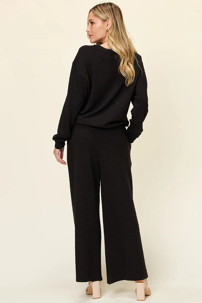 Double Take Full Size Texture Long Sleeve Top and Pants Set - -