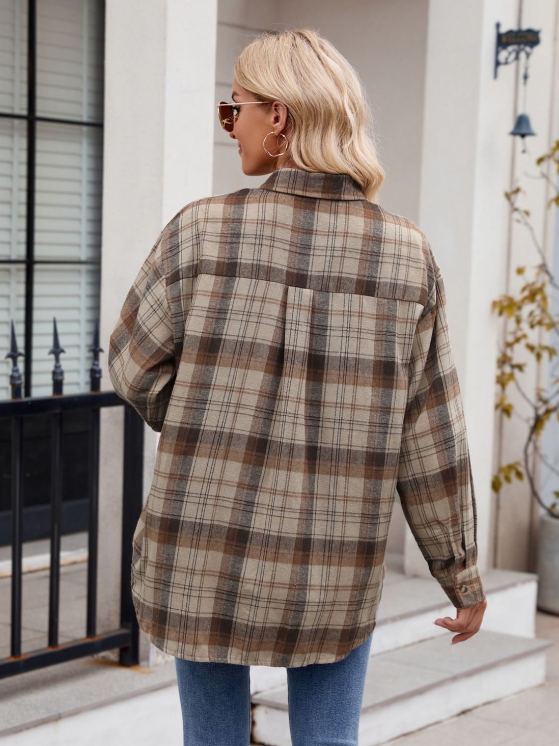 Mandy Pocketed Plaid Collared Neck Long Sleeve Shirt - -