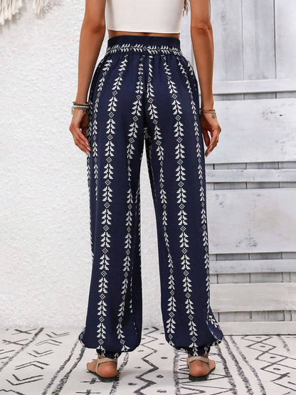 Tied Printed High Waist Pants - -