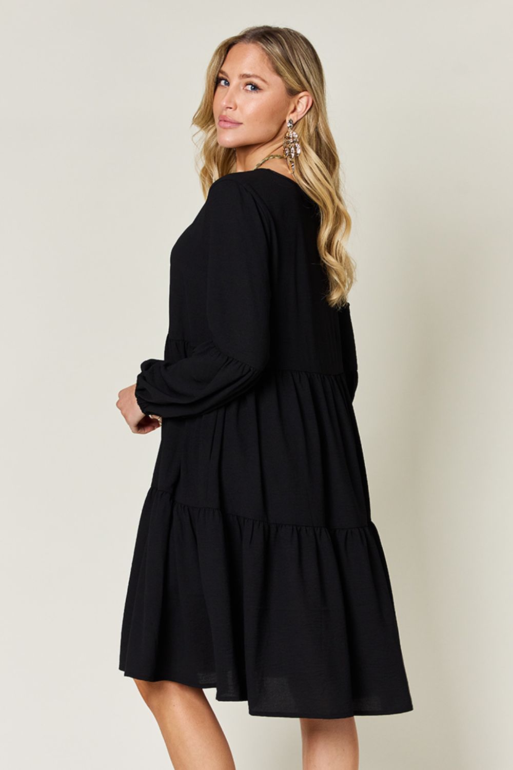 Double Take Full Size V-Neck Balloon Sleeve Tiered Dress with Pockets - -