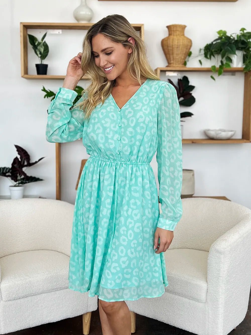 Double Take Full Size Printed Ruched V - Neck Long Sleeve Dress – | Shannon’s Chique Boutique