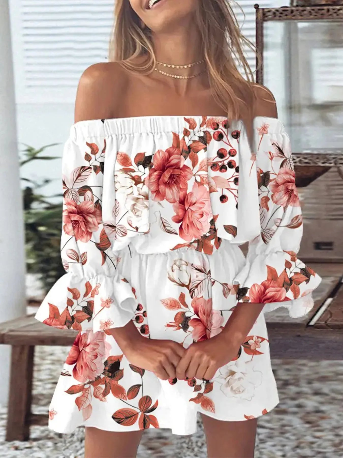 Full Size Floral Off-Shoulder Flounce Sleeve Mini Dress Plus Size - Burnt Coral -
