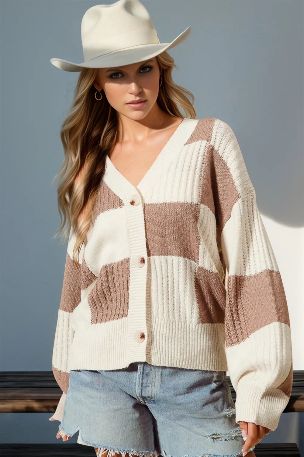 Double Take Full Size Checkered Dropped Shoulder Cardigan - Mocha -
