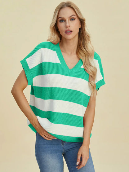 Double Take Full Size Striped V-Neck Short Sleeve Sweater - Turquoise -