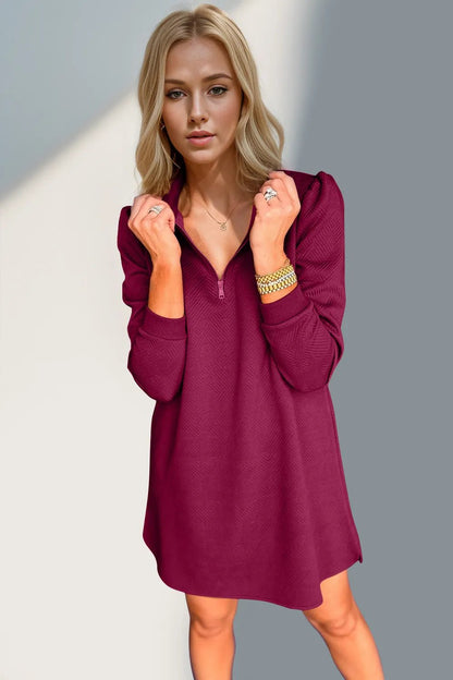Double Take Textured Quarter Zip Long Sleeve Dress - -