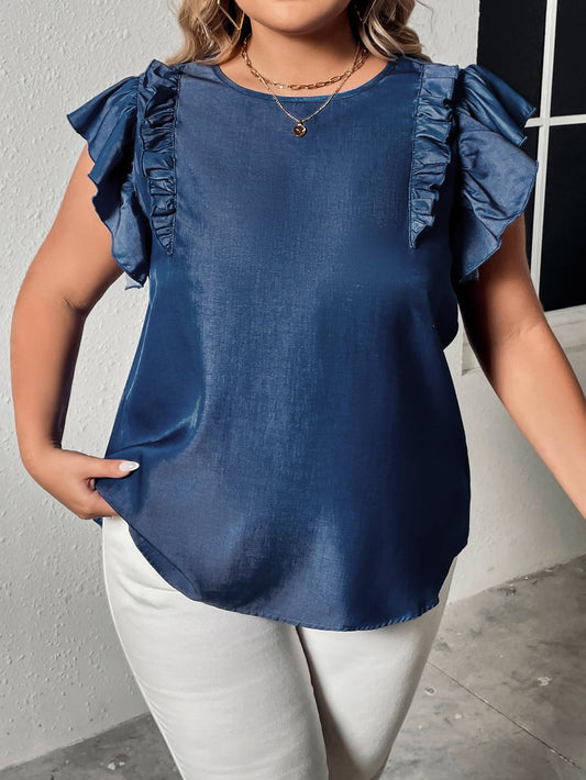 Honey Plus Size Round Neck Flounce Sleeve Frill Trim Blouse - Navy -