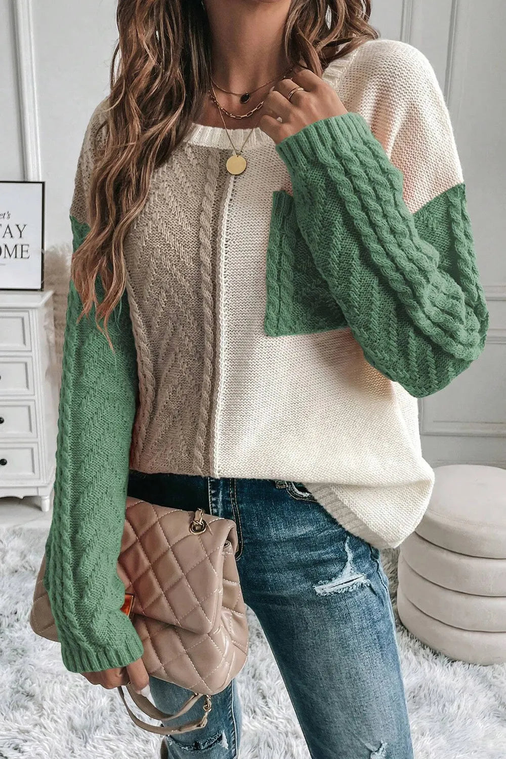 Double Take Full Size Color Block Drop Shoulder Sweater - -