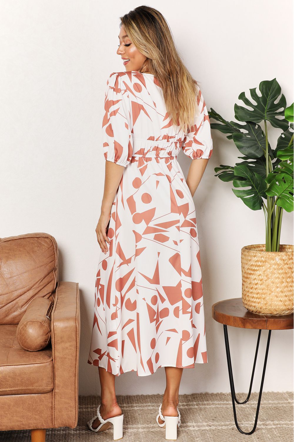 Printed Surplice Balloon Sleeve Dress - -