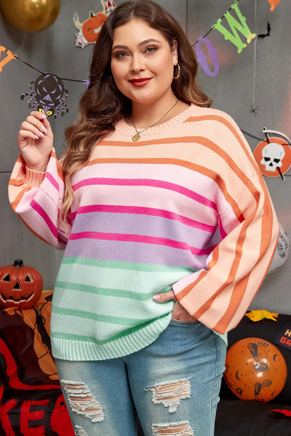 Plus Size Striped Round Neck Long Sleeve Sweater - -