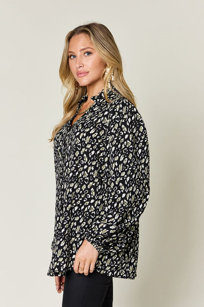 Double Take Full Size Leopard Long Sleeve Blouse - -
