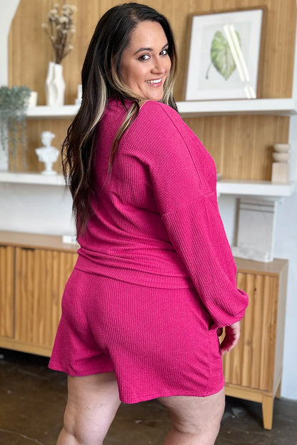 Double Take Full Size Texture V-Neck Long Sleeve T-Shirt and Shorts Set - -