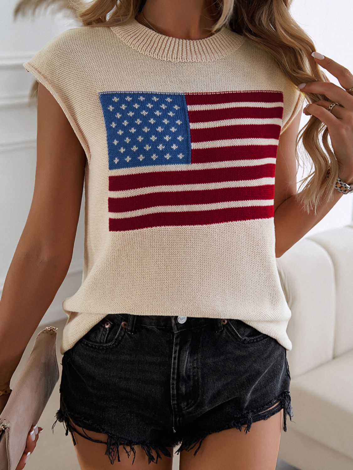 Devine US Flag Round Neck Sweater Vest - -