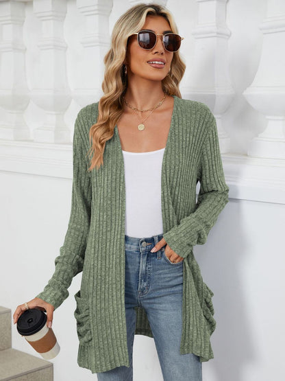 Pocketed Open Front Long Sleeve Cardigan - Matcha Green -