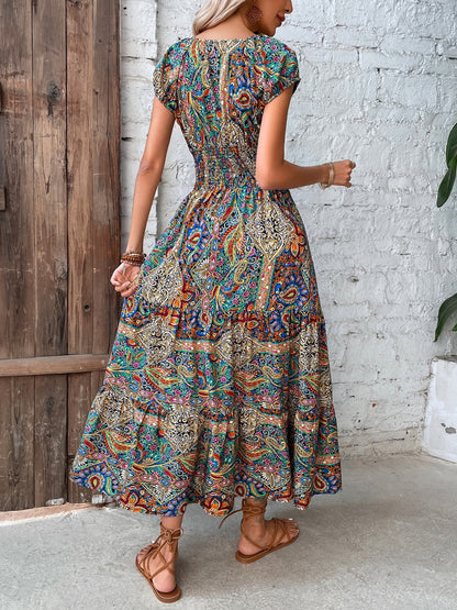 Honey Smocked Printed Cap Sleeve Midi Dress