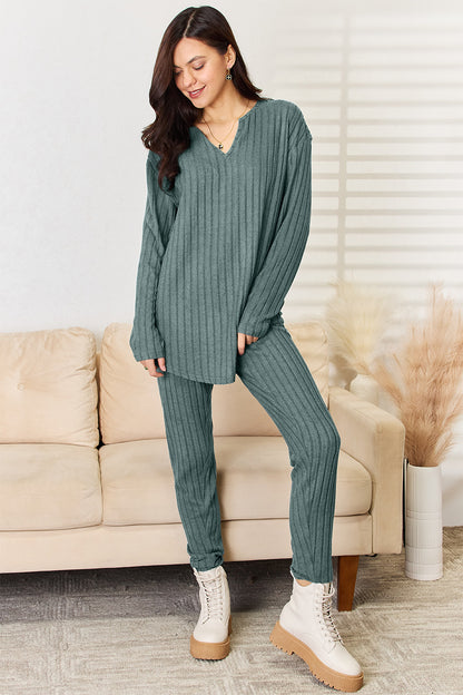 Basic Bae Full Size Notched Long Sleeve Top and Pants Set