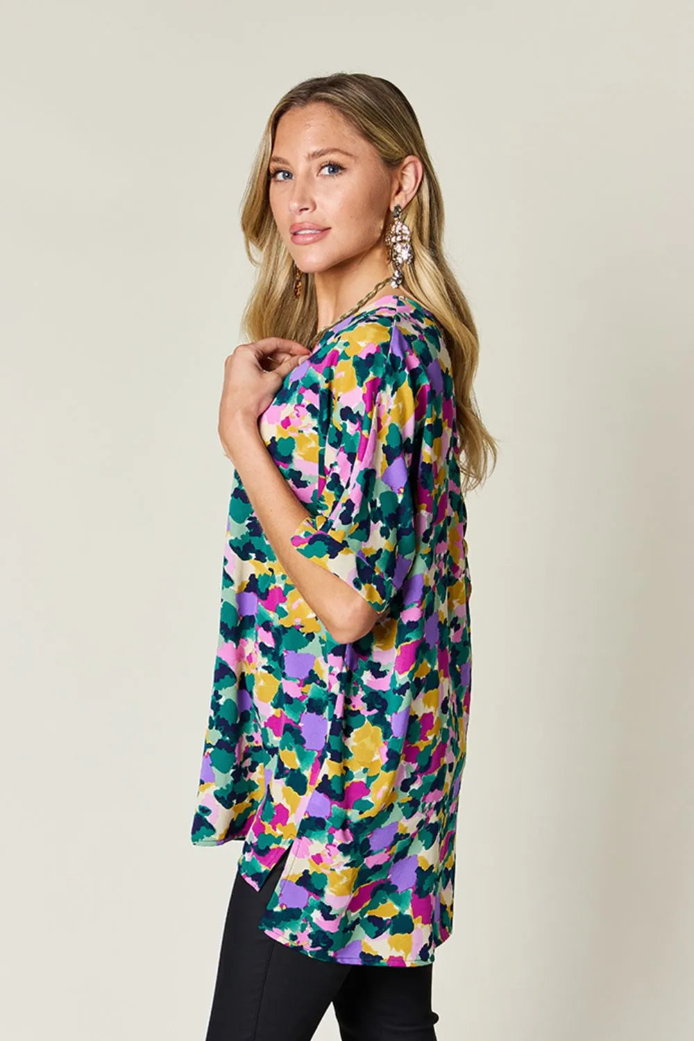 Double Take Full Size Printed V - Neck Short Sleeve Side Slit Top – | Shannon’s Chique Boutique