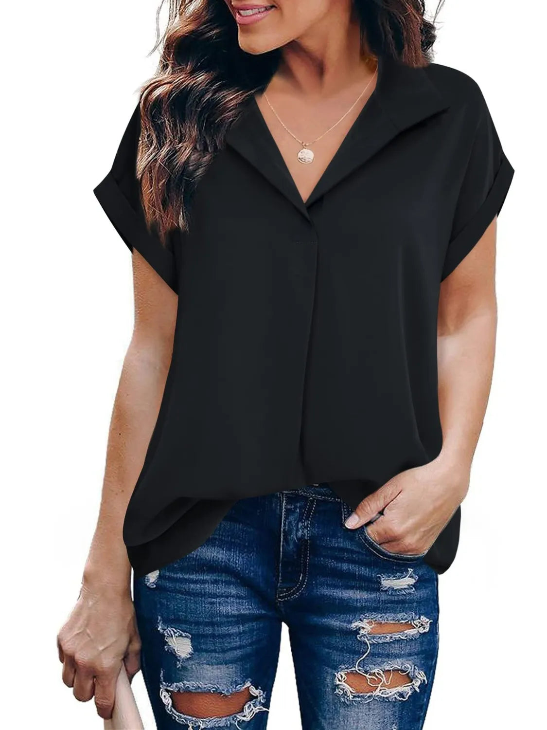 Ruched Round Neck Short Sleeve Top – Pretty Chique Women’s Summer Blouse - -