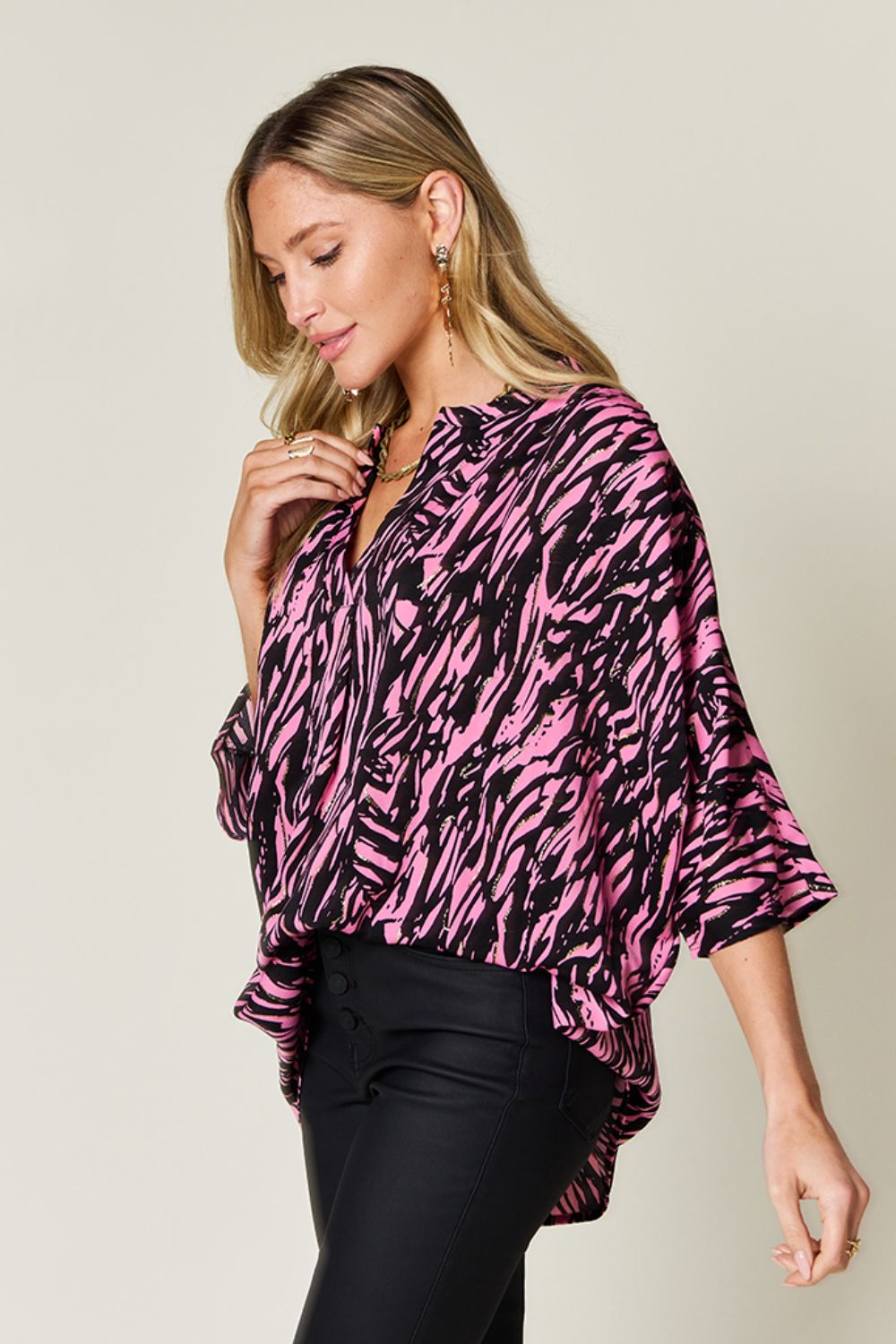 Double Take Full Size Printed Notched Three-Quarter Sleeve Blouse - -
