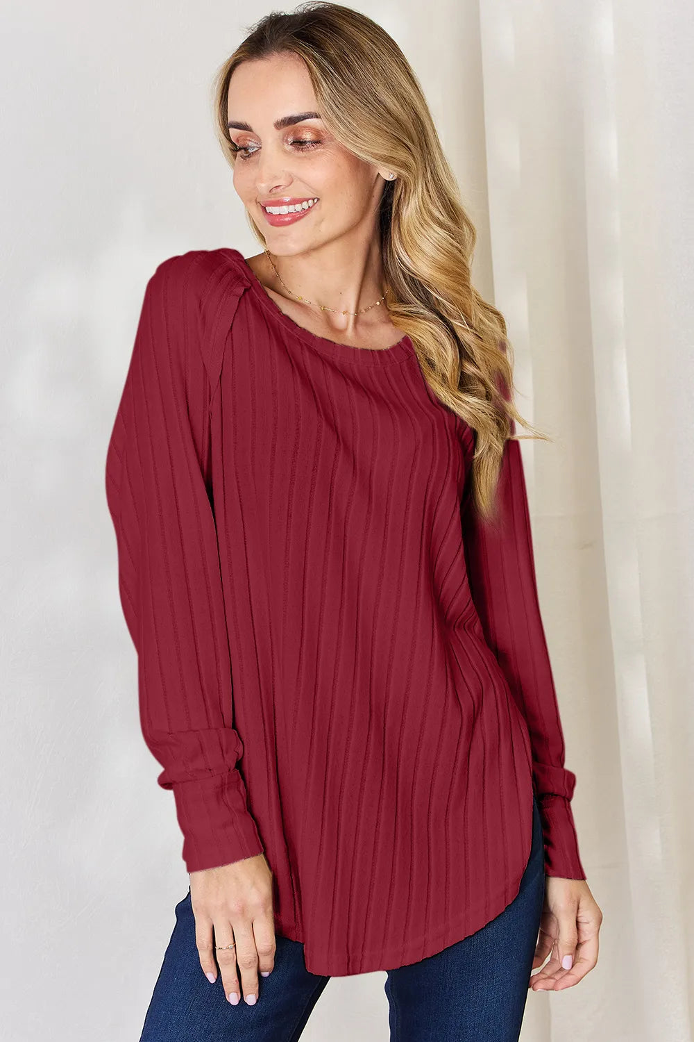 Basic Bae Full Size Ribbed Round Neck Slit T-Shirt - -