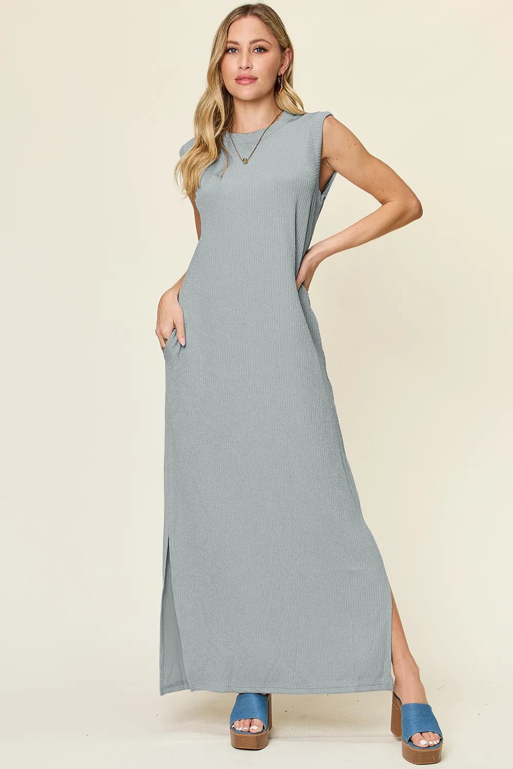 Double Take Full Size Texture Mock Neck Sleeveless Maxi Dress - Cloudy Blue -