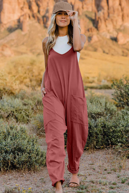 Double Take Plus Size V-Neck Sleeveless Jumpsuit with Pockets – Bold Color Collection - -