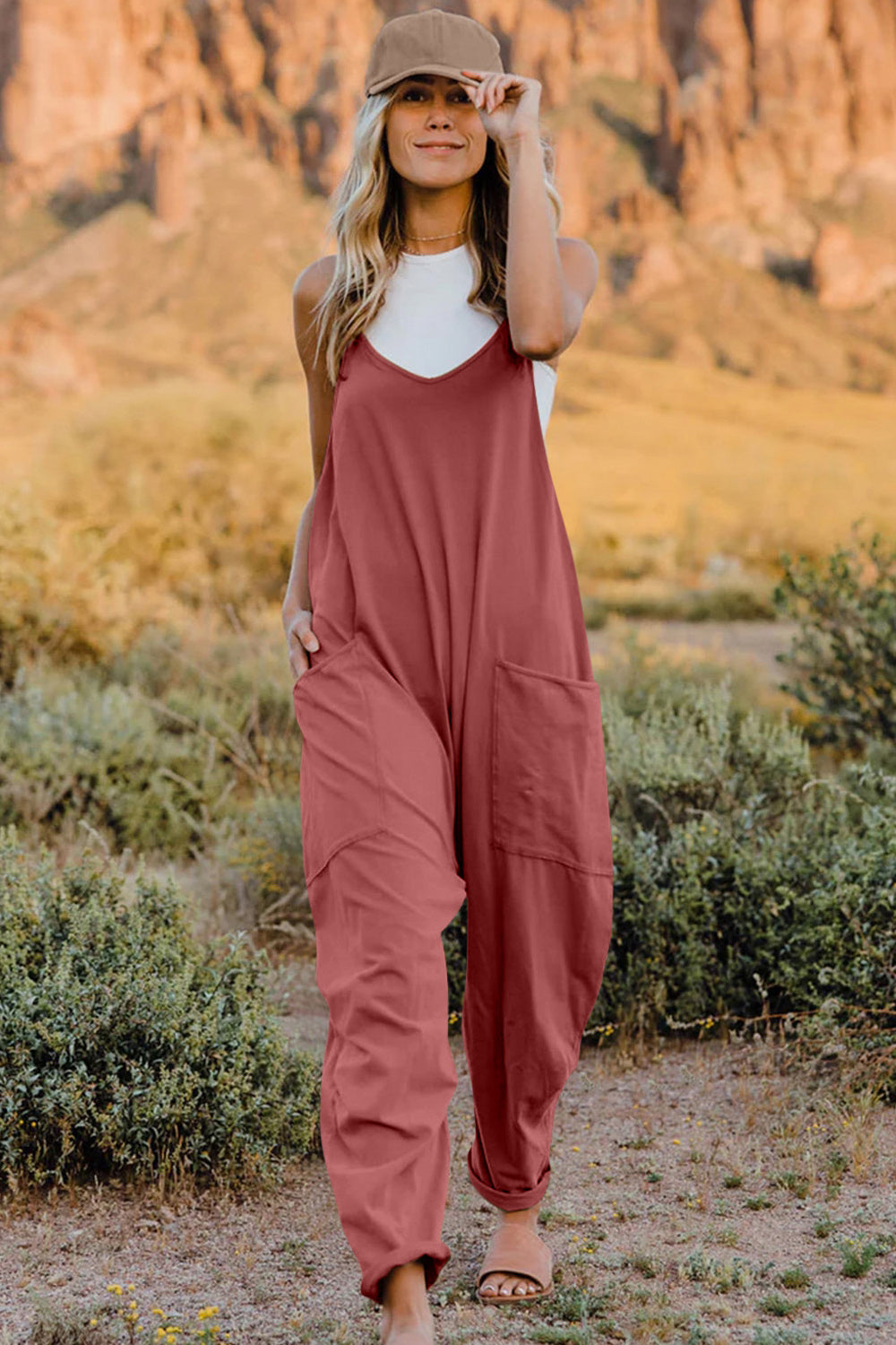 Double Take Plus Size V-Neck Sleeveless Jumpsuit with Pockets – Bold Color Collection - -