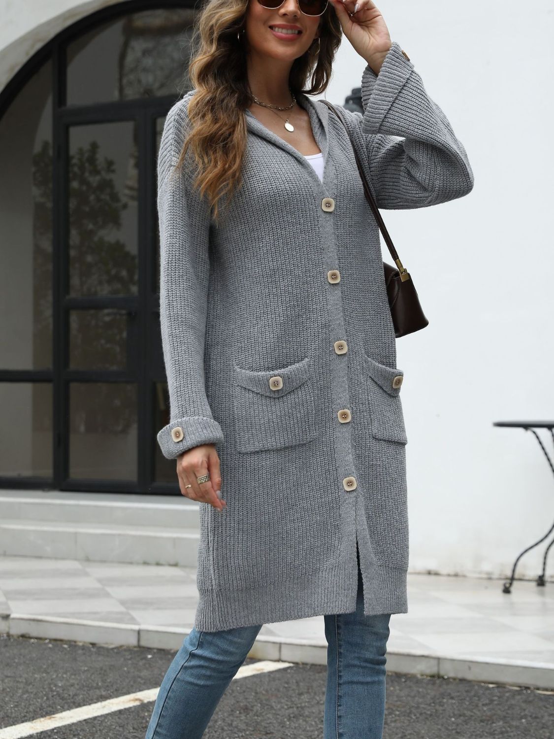 Pocketed Button Up Long Sleeve Hooded Cardigan - -